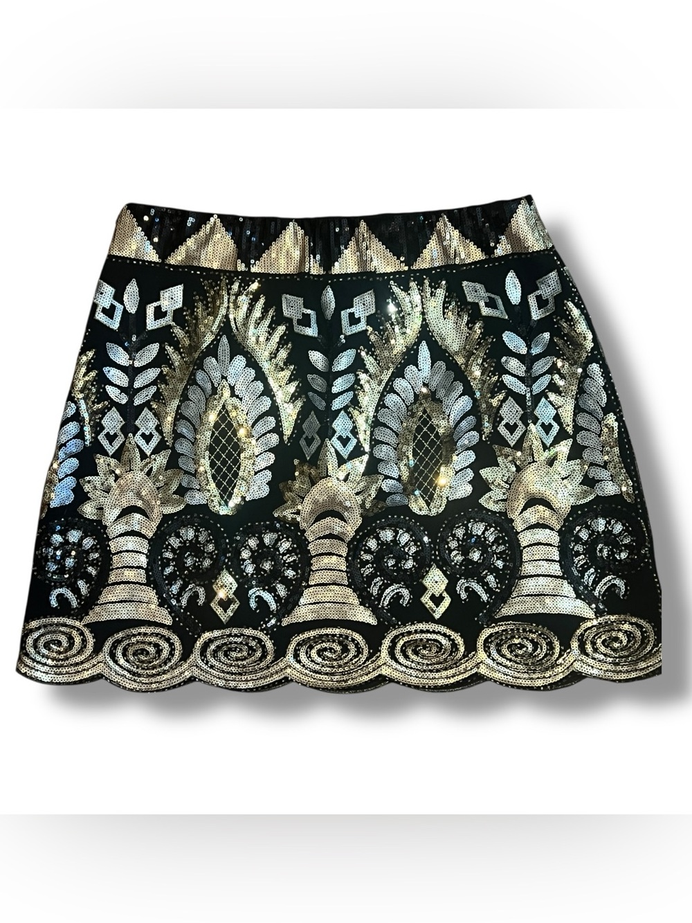 VICI Black Mini Skirt with Silver & Gold Sequins Stretch SZ L - Picture 16 of 16